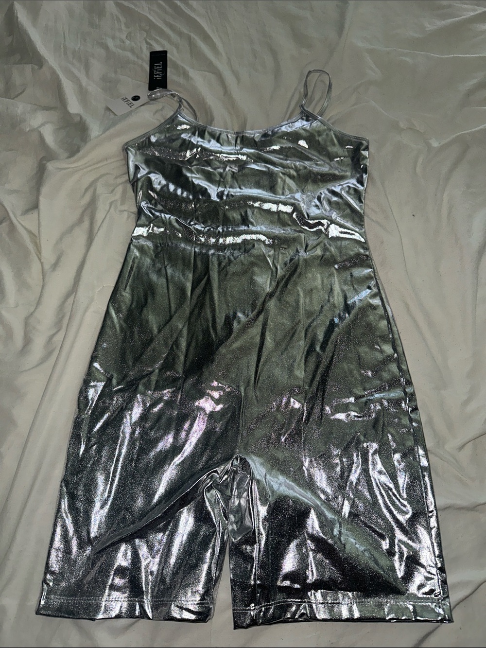 Shiny Silver Spaghetti Strap romper by FEVER